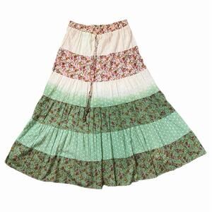 Magic Tiered Ombré Floral 100% Cotton Pull On Maxi Skirt Boho Cottagecore Fairy